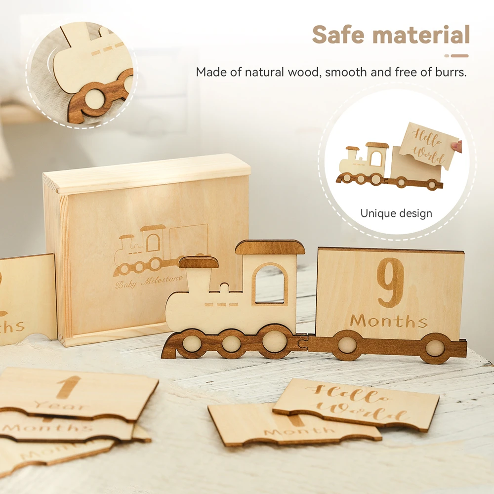 Baby Wooden Train Milestone Cards With Box 0-12 Months Newborn Memories Cards Birthday Party Decoration Photography Accessories