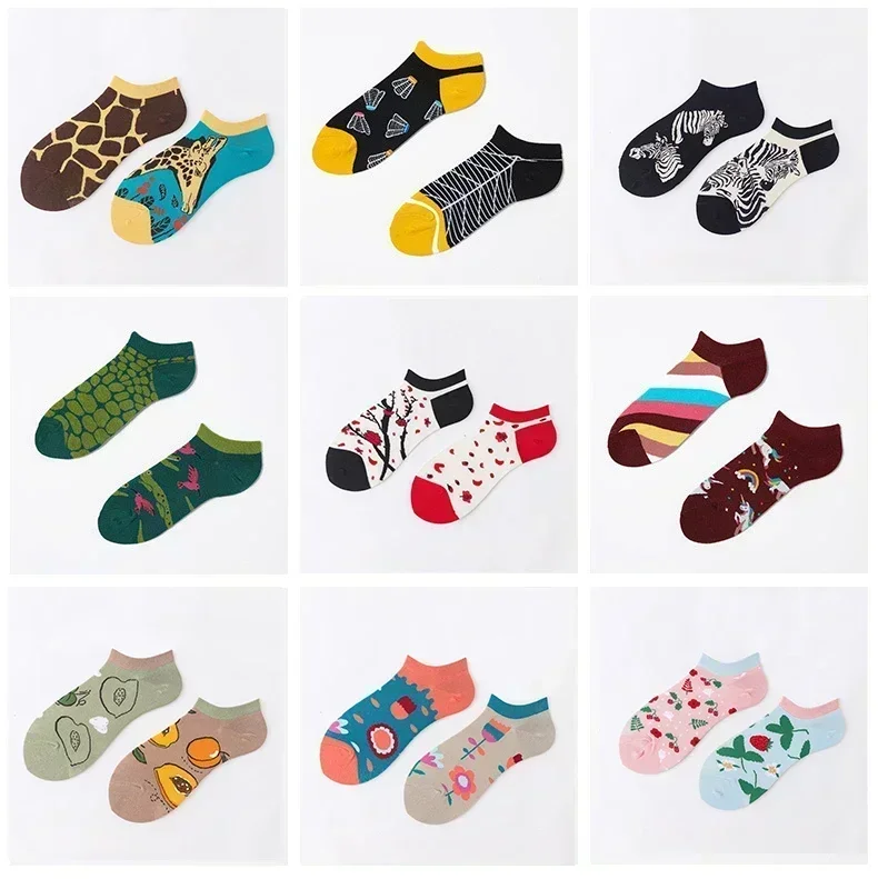 Women\'s Cartoon Colorful Sports Cotton Socks Men Women Socks Low Cut SoxAsymmetric AB Socks Ins Animal and Plant Ankle