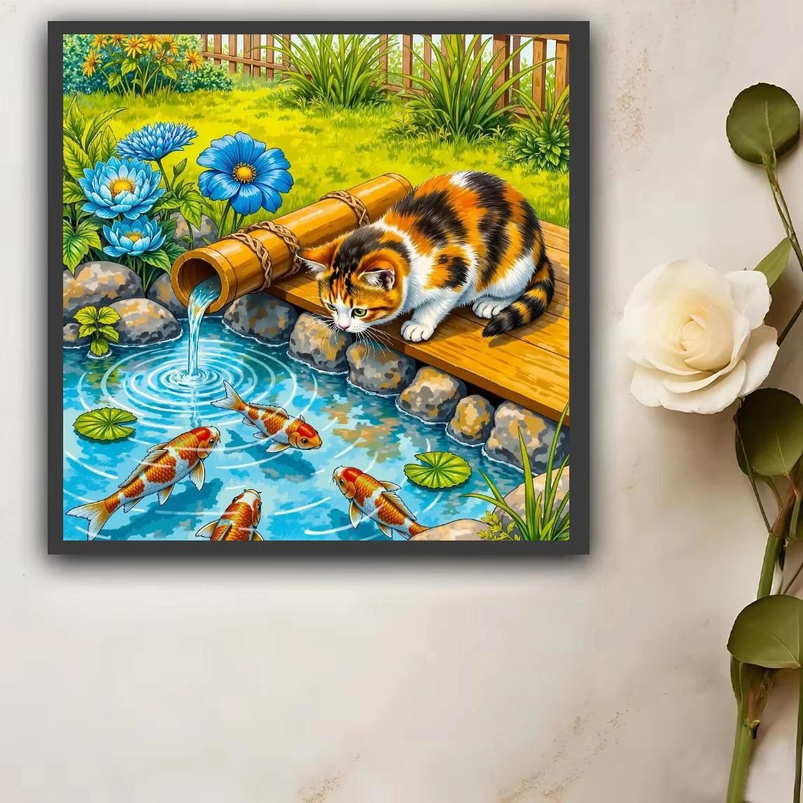 Ölgemälde nach Zahlen: Katze beobachtet Koi-Fische im Gartenteich, Leinwandkunst für Wohnzimmerdekoration, Geschenk ohne Rahmen