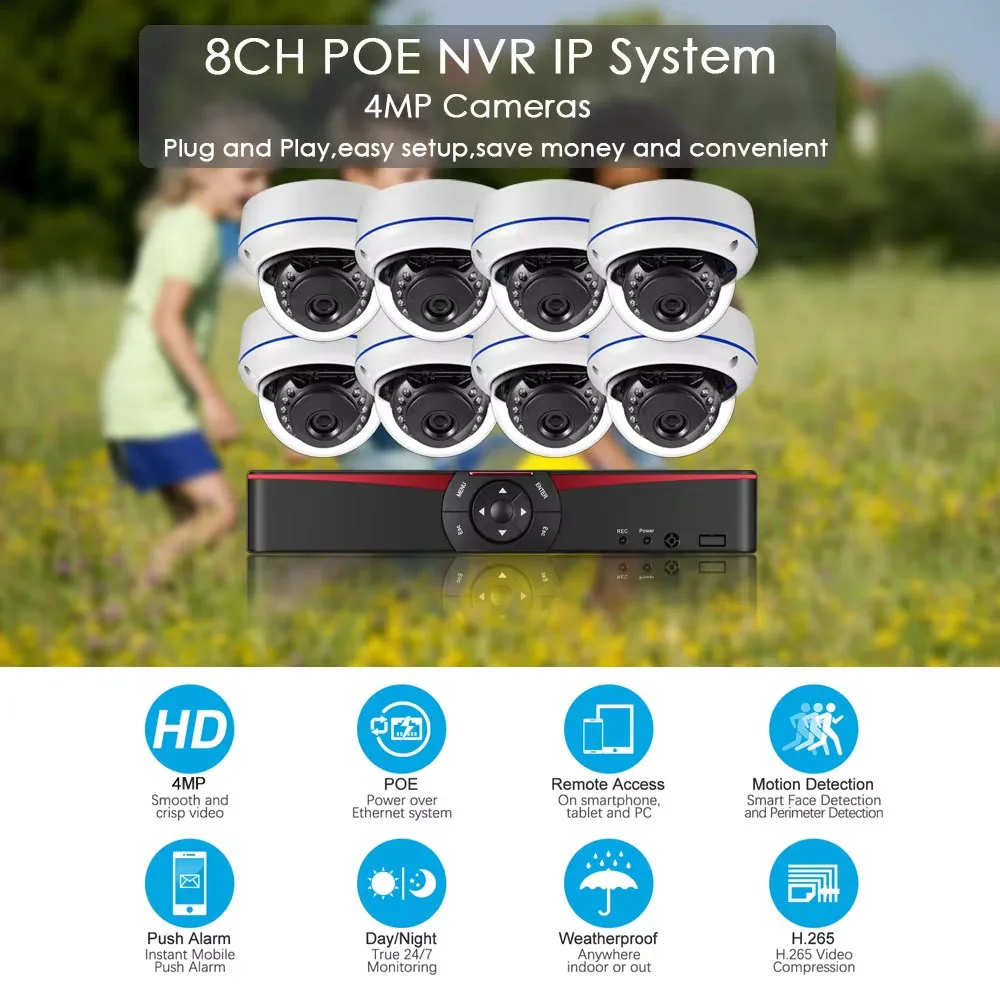 Gadinan 8CH 4MP POE NVR Security Camera System Kit Audio Record IP Camera IR Dome Outdoor Waterproof CCTV Surveillance Set