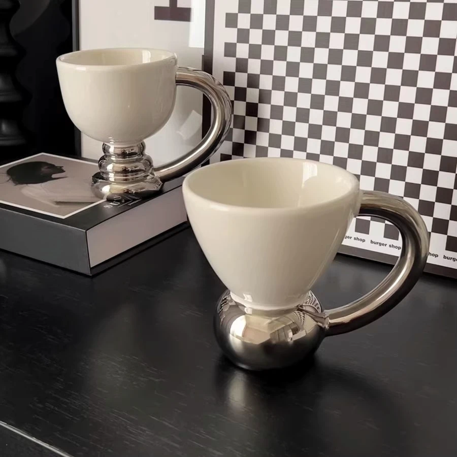 Niche high-value ceramic high-foot mugs, creative large-handle water cups, household couple cups, gifts