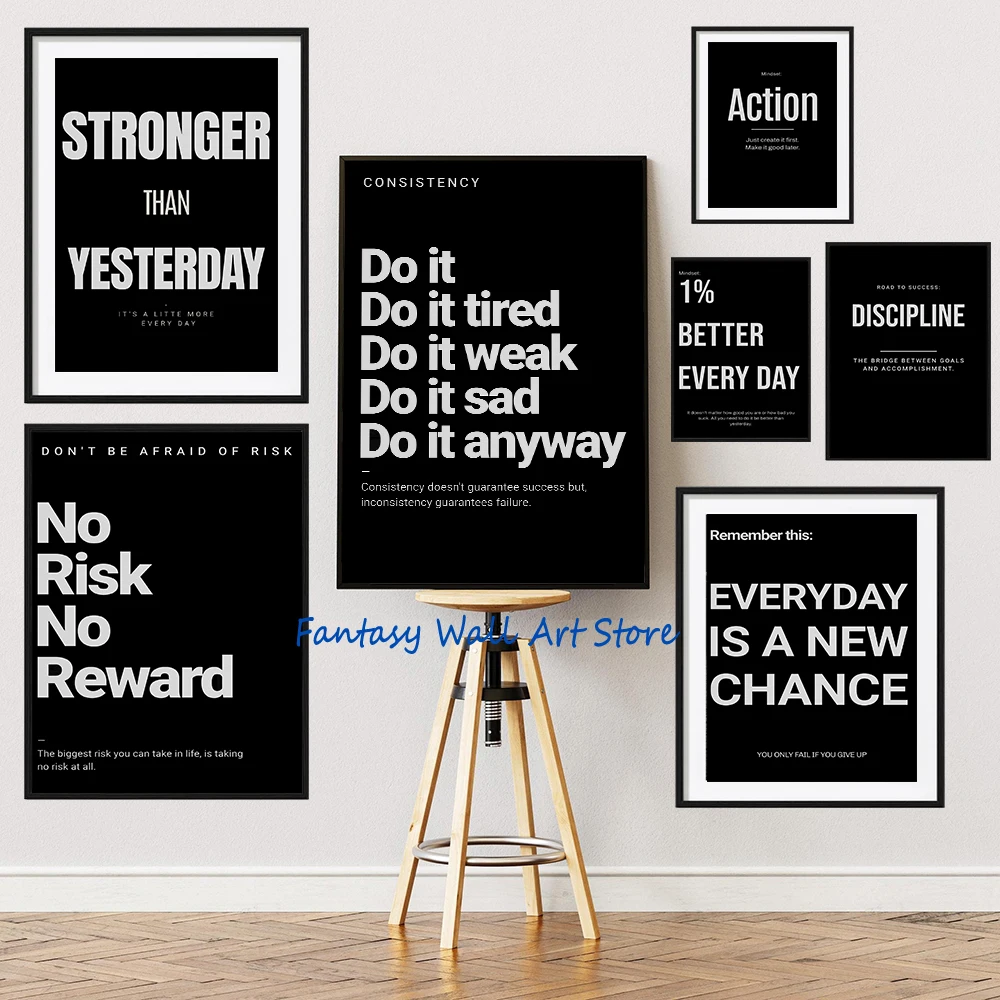Image of DO IT NO RISK NO REWARD ACTION STRONGER THAN YESTERDAY Motivierendes Erfolgszitat-Poster, Leinwandgemälde, Wandbild, Heimdekoration