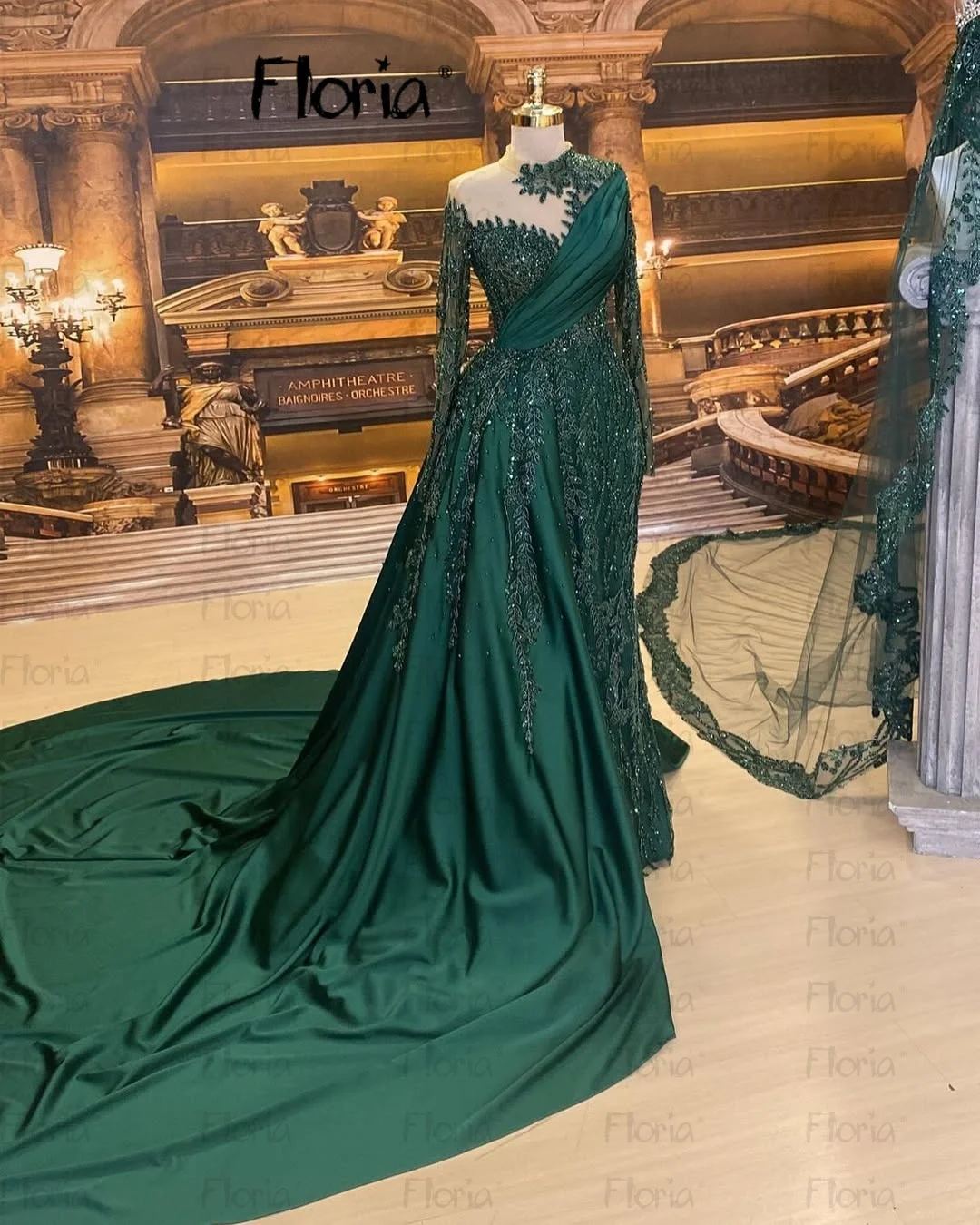 

Роскошные темно-зеленые платья для выпускного вечера с длинными рукавами, арабское длинное платье со съемным шлейфом для невесты, свадебное платье для гостей, кружево с блестками по индивидуальному заказу