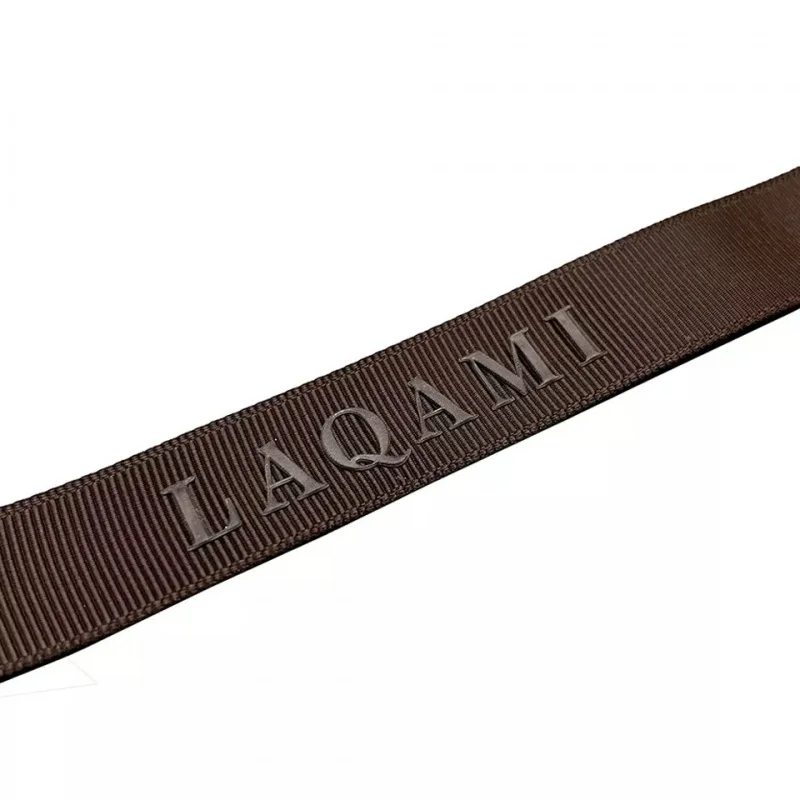 

Ribbon customizationCustomized wrapping embossed design printed brown recycled 3/4" polyester grosgrain satin ribbon with l