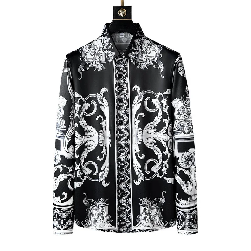 

Autumn Luxury Men Long Sleeve Shirts For Man Turn Down Fashion Casual Black Print Tops