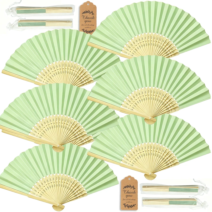 15/30pcs Folding Hand Fan Set, Green Bamboo Wedding Fans for Bridesmaid Gifts, Includes Thank You Card & Gift Bag, Party Favors