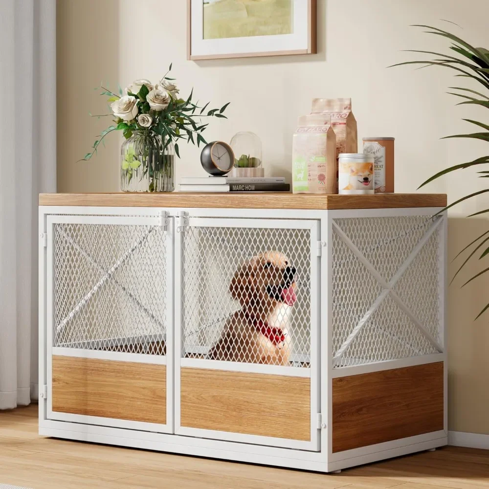 Heavy Duty Large Dog Crate Furniture,  Wooden Dog Crate with Double Doors, Indoor Dog Kennel Furniture, Decorative Pet