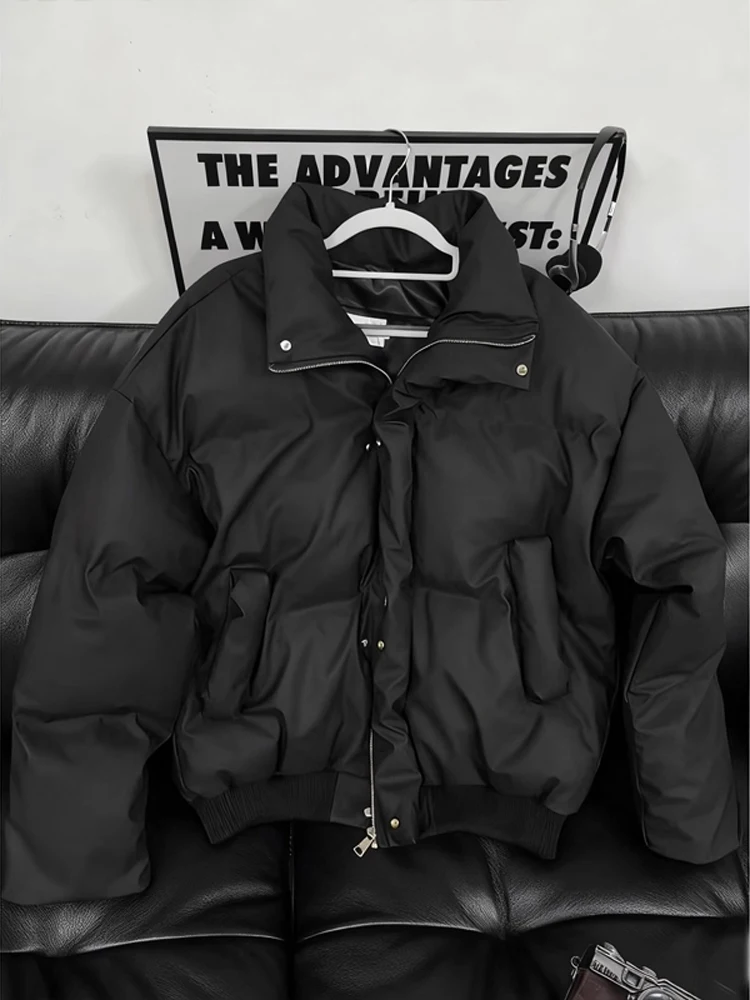 

American Style Bomber Jacket Short PU Leather Thickened Warm Cotton Coat Stand Collar Bread Style Outerwear for Men Winter