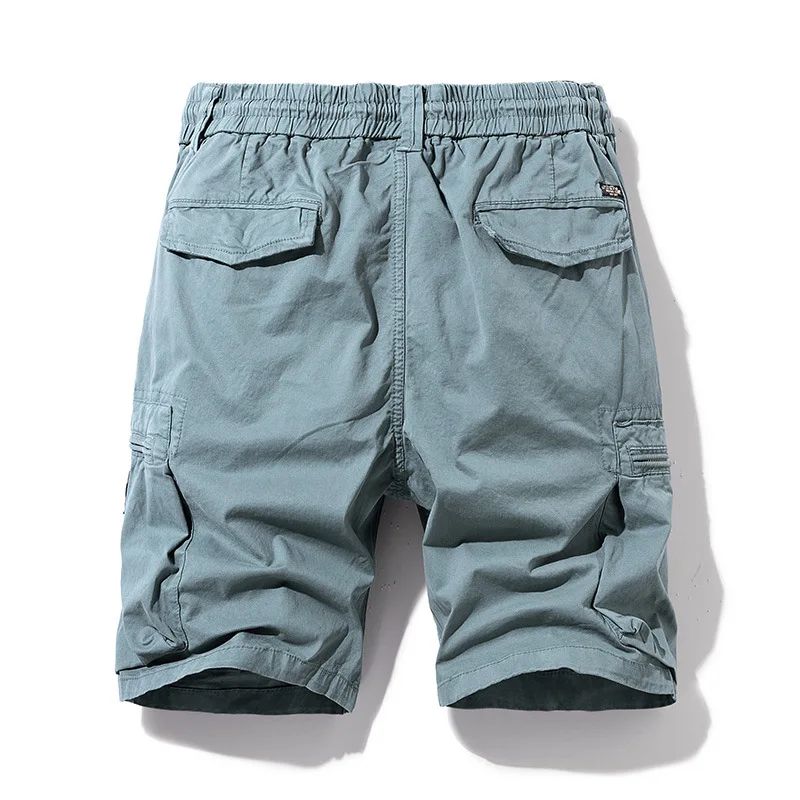 Men's Blue Elastic Waist Cargo Shorts Multi-Pocket Drawstring Casual Workwear Shorts Men Tracksuit Short Pants