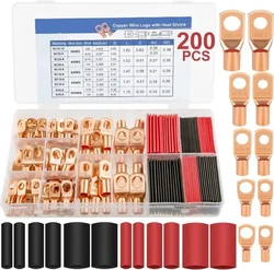 200pcs Copper Ring Battery Cable Lugs Ring Terminal Connectors With Red Heat Shrink Tubes Assortment Kits For Marine Automotive