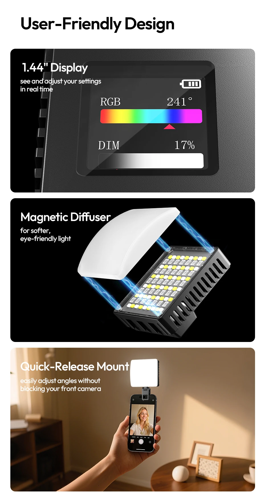 Ulanzi C10RGB Pocket Power 10W RGB-Videoleuchte 1800K-9000K Bi-Color-LED-Licht für Telefonkamera Stativ Video Vlog Fotografie – Detail 6