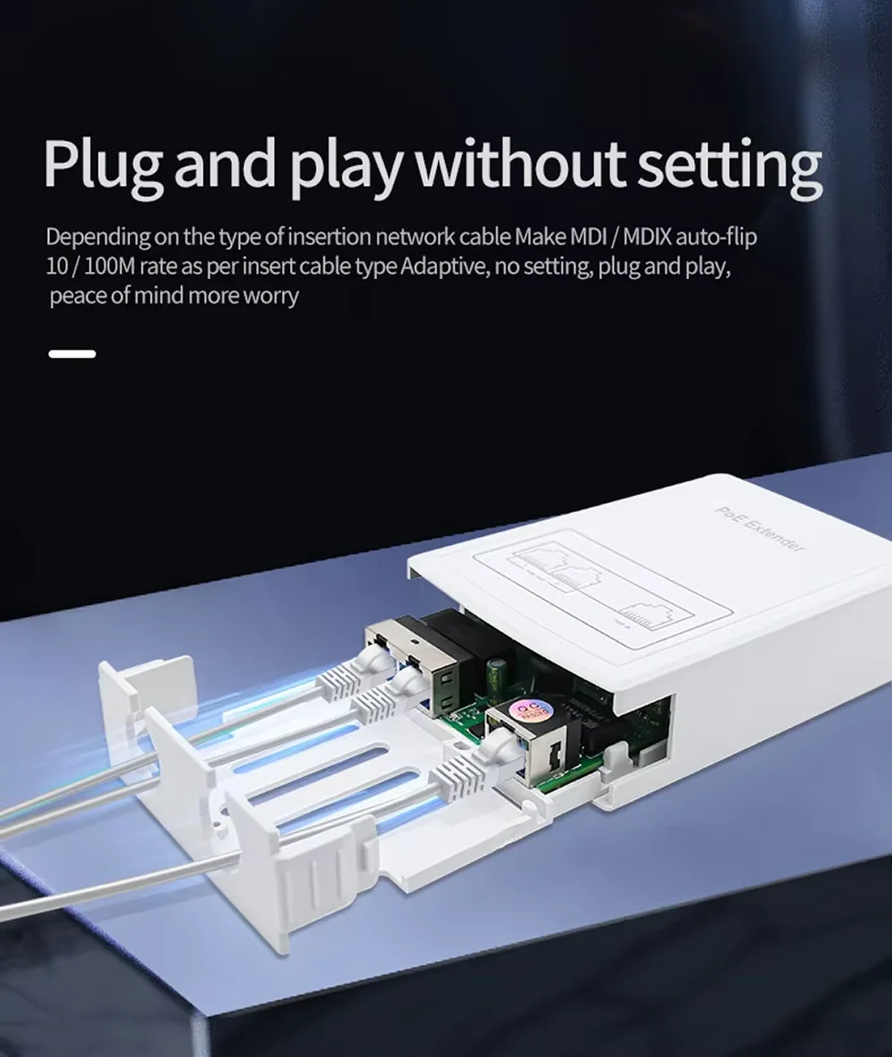 Extensor POE de 2 puertos, 100Mbps, estándar IEEE 802.3af, para cámara IP NVR, AP, IP VOICE, 100 metros de alcance