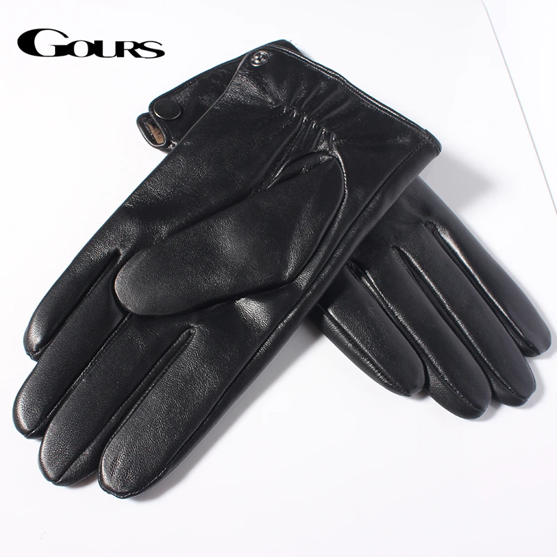 GOURS Real Leather Gloves Men Black Genuine Goatskin Touch Screen Glove Fashion Button Fleece Lined Soft Warm Driving New GSM051