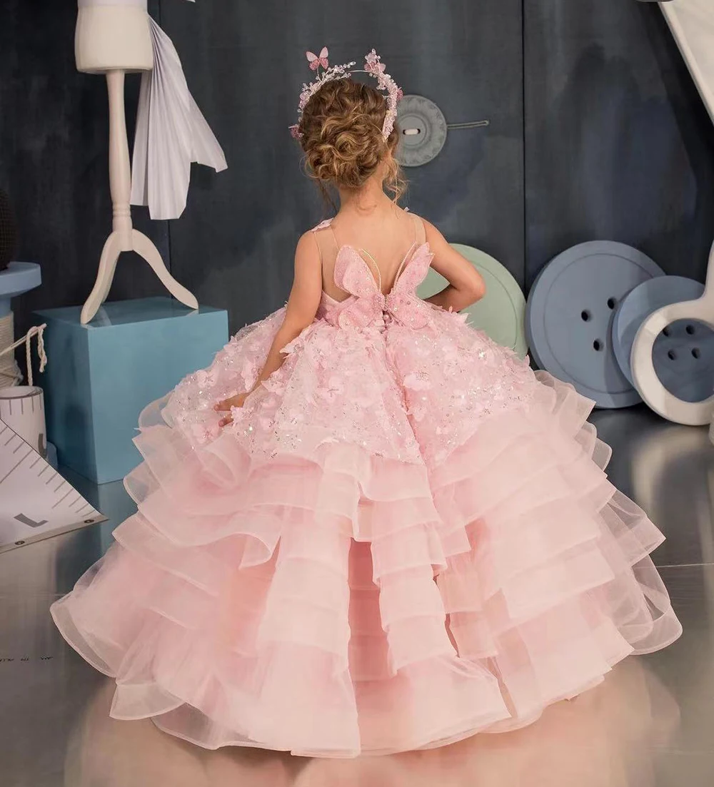 Lovely Pink Butterfly Flower Girl Dress Tulle Puffy Sleeveless Applique Sequins For Wedding Princess First Communion Ball Gowns