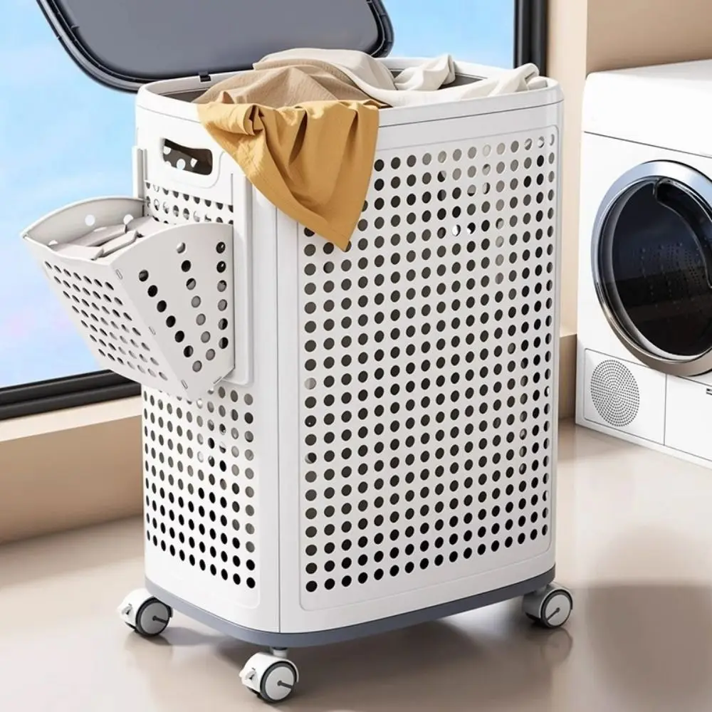 

Large Capacity Folding Dirty Clothes Basket Plastic Dust-proof Hollow Out Washing Baskets with Mute Wheels Detachable