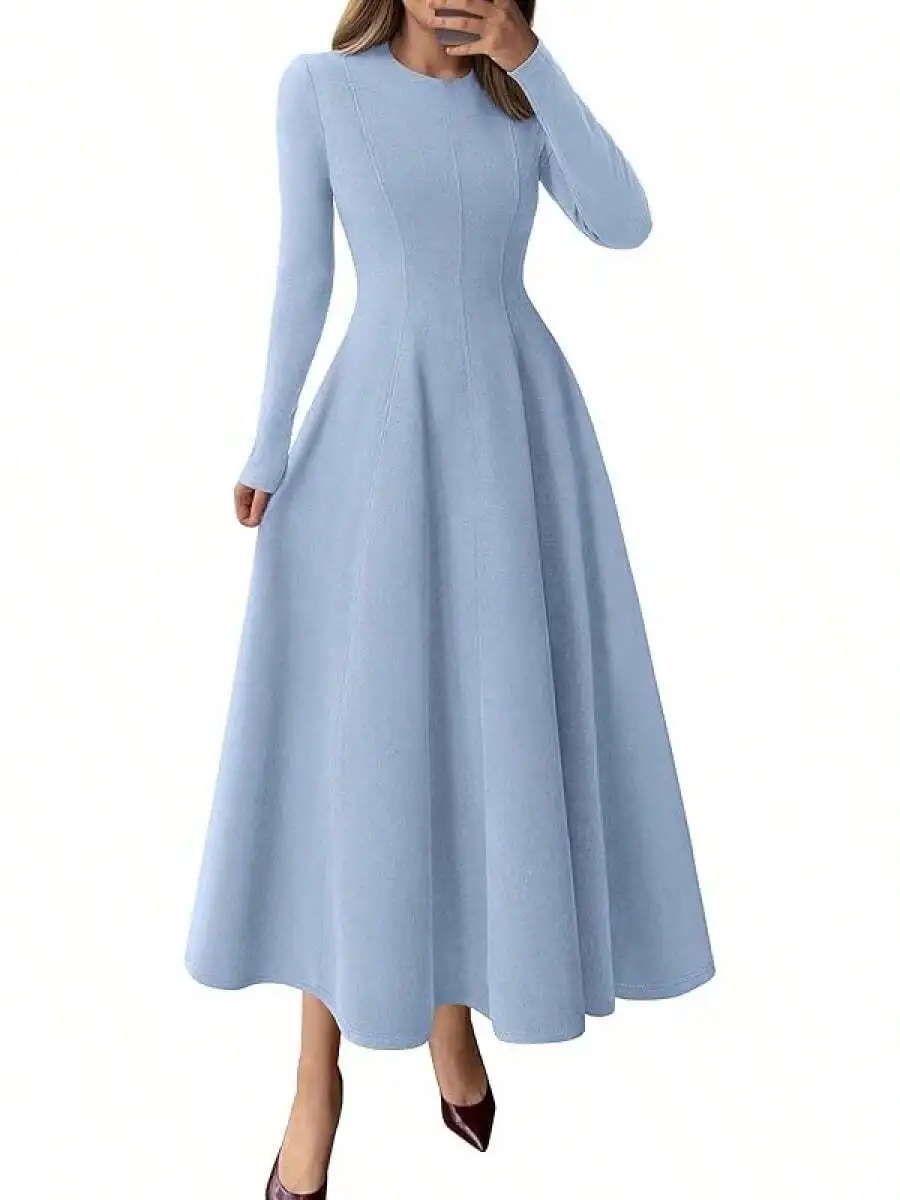 

Elegant Long Sleeve Midi A-Line Flowy Dress For Women Fall Winter Party Evening Wear