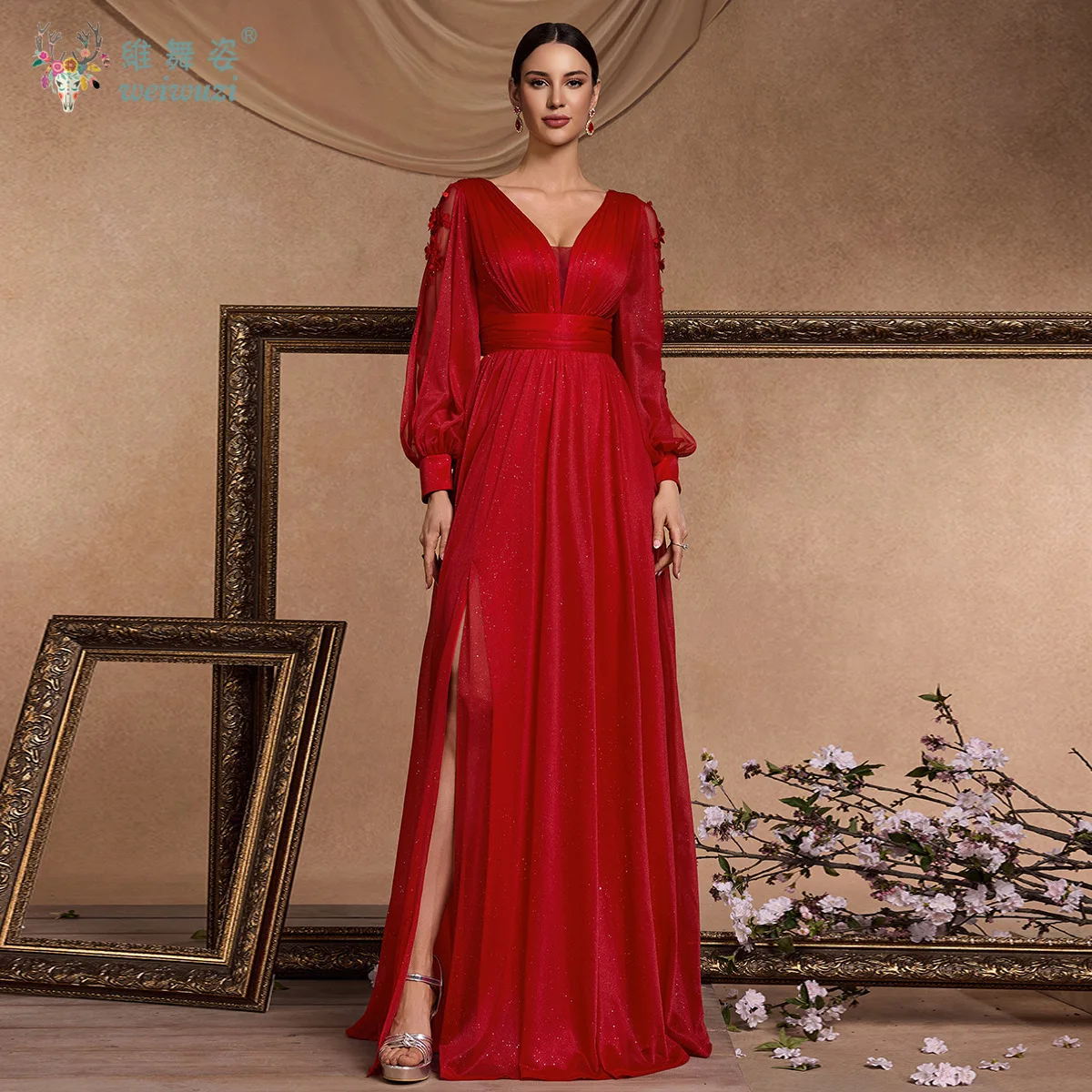 

Spring Summer Elegant Long Sleeves Floor Length High Slit Skirt Luxury Fashion V-Neck High Waist Wedding Bridesmaid Dress