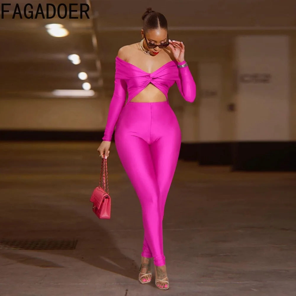 FAGADOER Sexy Hollow Out Bodycon Jumpsuit Woman Solid Color Off Showlder Backless Rompers Female Streetwear Overalls 2025 New