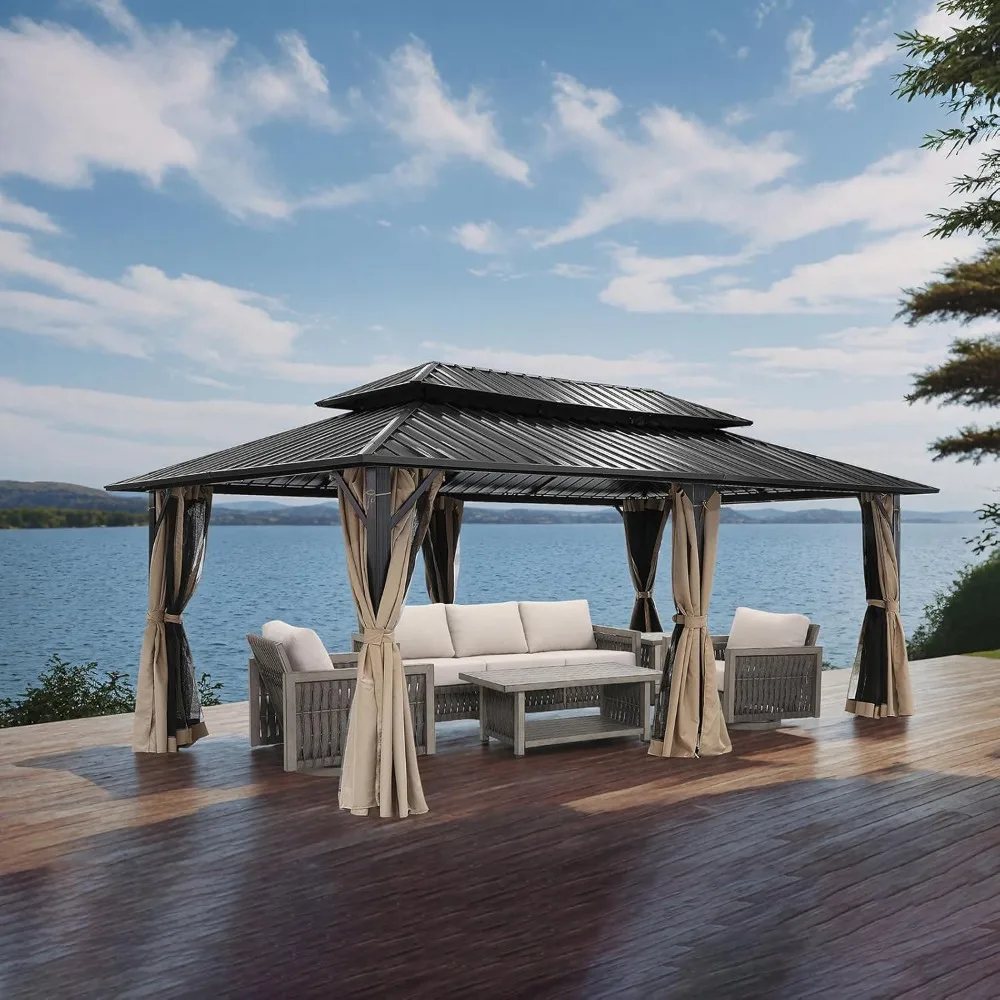 

12' x 20' Hardtop Gazebo, Outdoor Patio Gazebo, Aluminum Frame Patio Hardtop Gazebos with Netting and Curtain, Outdoor Patio Per