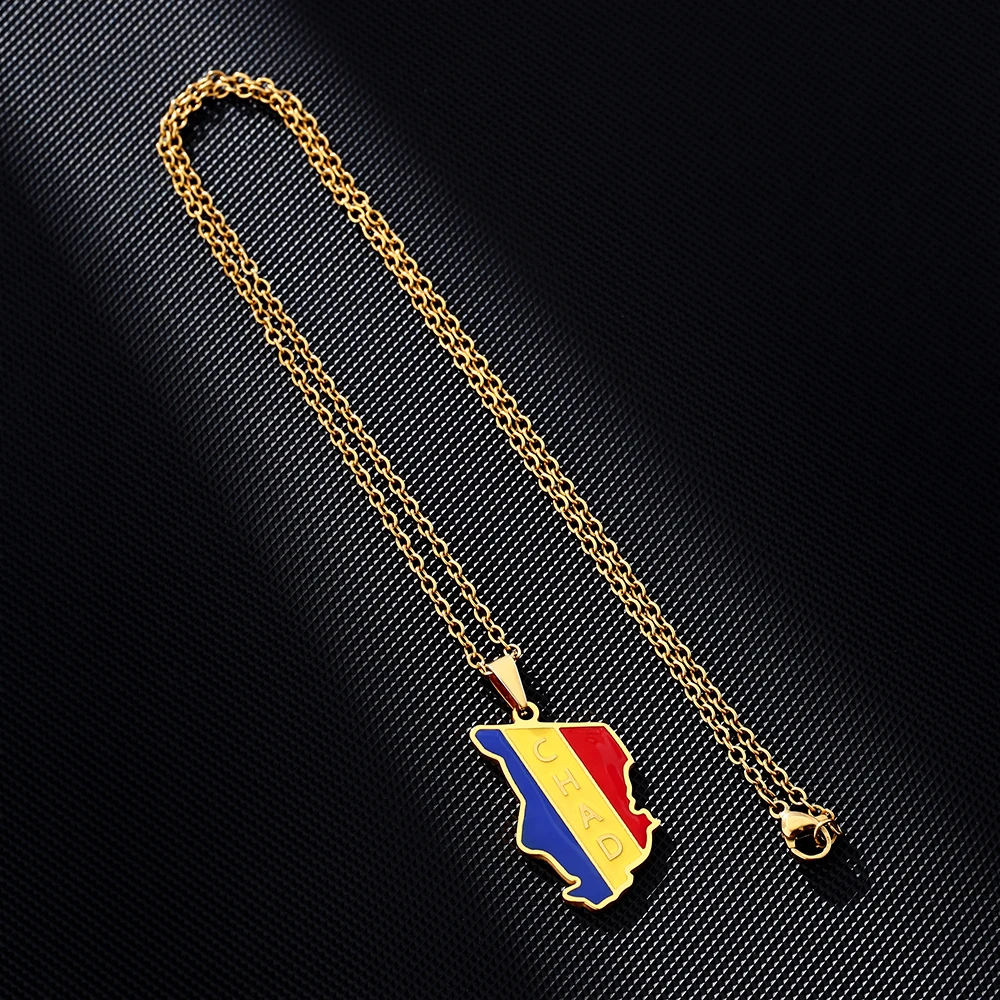 Africa Republic of Chad Map Flag Pendant Necklace Stainless Steel Gold/Silver Color Men Women Country Map Jewelry Gift