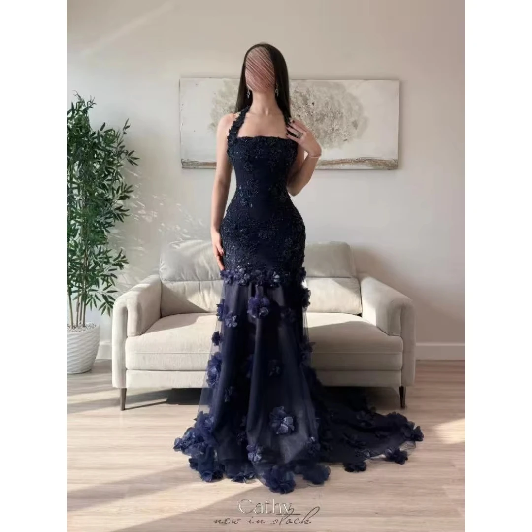 Blue Prom Dress Customized Halter Neckline Fitted lace corset bodice Crystals Sequins Beaded Evening Dresses 2026