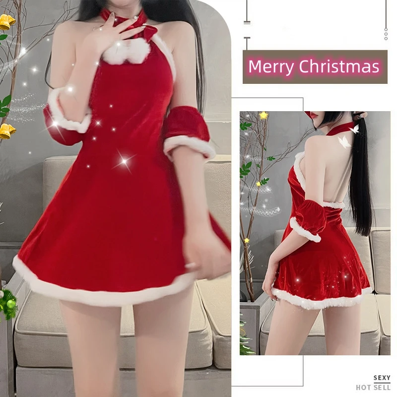 Women Christmas Costumes Sexy Red Velvet Dress Halter Backless Slim Fit Mini Dress Cosplay Santa Claus New Year Party Clothing