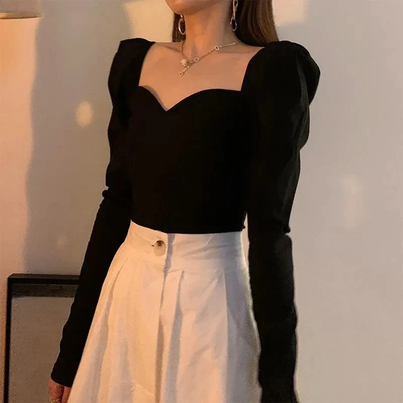 Vintage Elegant Shirts Women Puff Sleeve Square Collar Blouses Office Lady Korean Autumn Black Chic Slim Casual All Match Tops