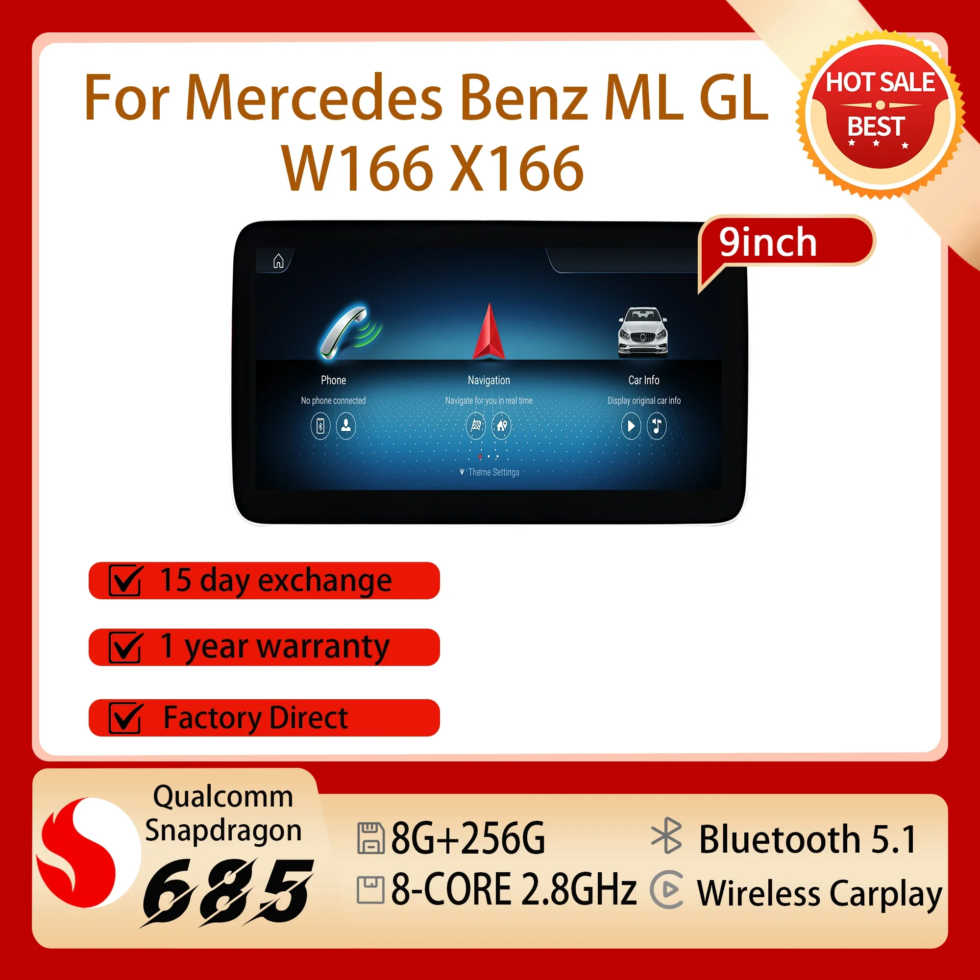 9 inch GPS Navigation Bluetooth For Mercedes Benz ML GL W166 X166 Touch Screen Android 14 Car Radio Multimedia Carplay Wireless