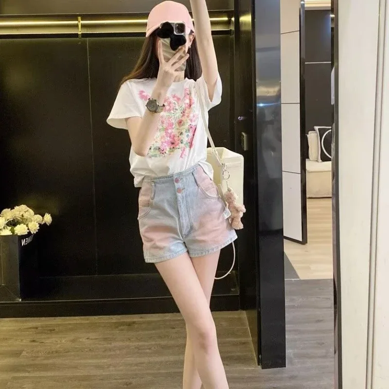 Mit Taillentasche, Farbverlauf, kurze Jeanshose, Damen, Y2k, Vintage-Trend, 2025, modische Kleidung, elastische Denim-Shorts für Damen