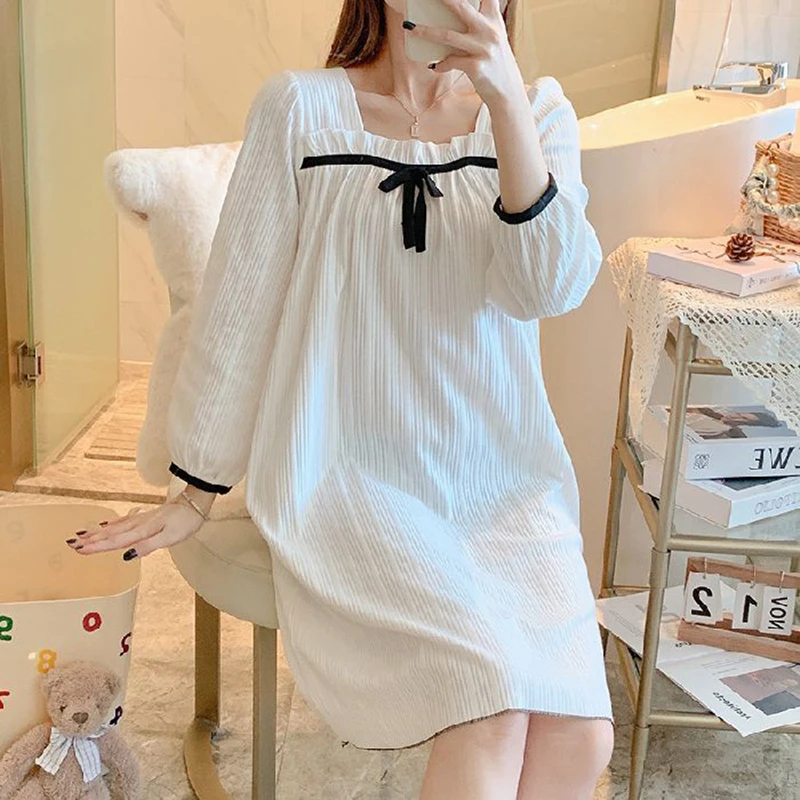 Women Long Sleeve Cotton Nightgown Princess Square Neck Bow Homewear Loose Sleepshirt Sweet Nightdress Cozy Homedress Lingerie