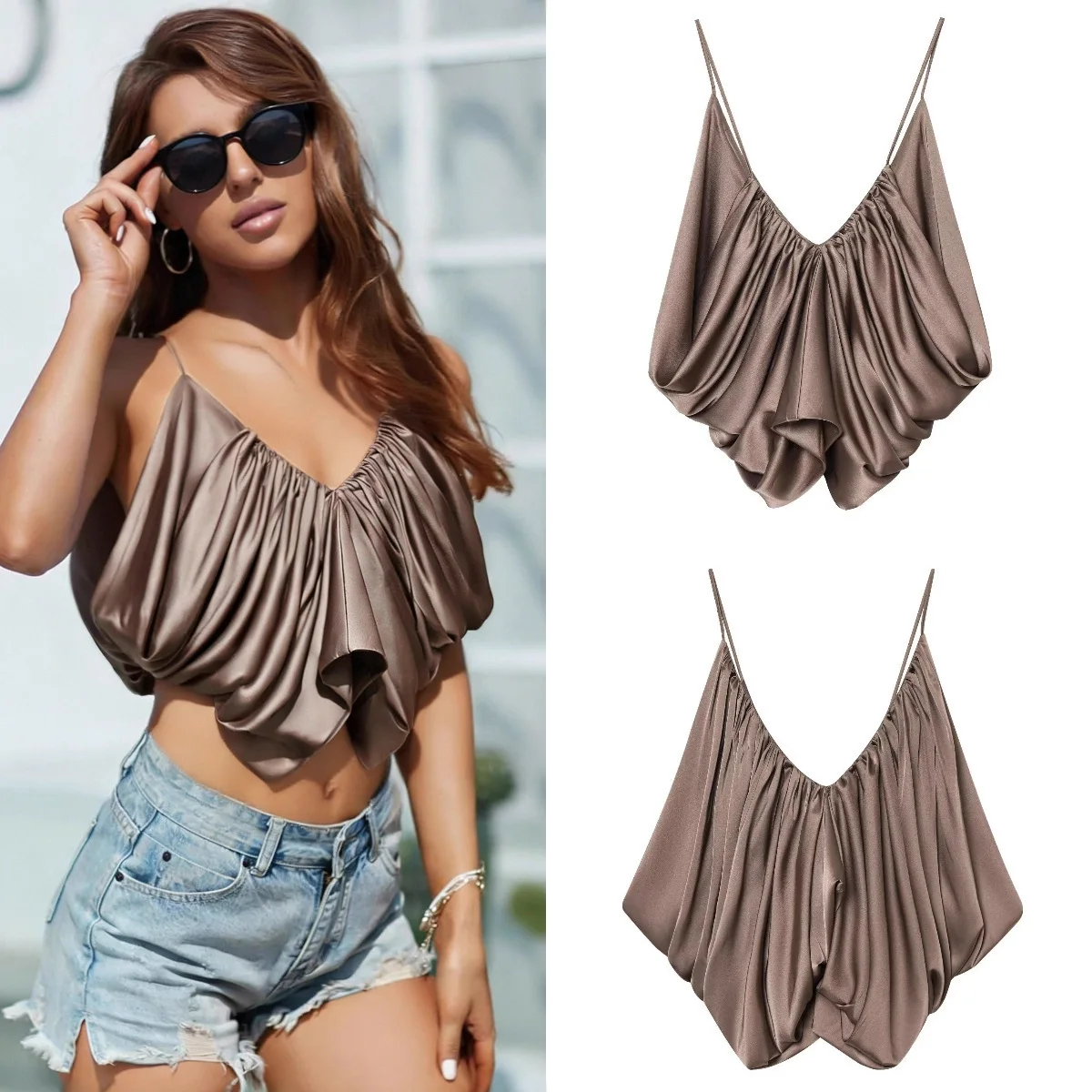 Frauen High Street Sexy Top Herbst Winter Mode Pendler Satin-Textur Plissee Hemd Einfarbig Kurze Ärmellose Leibchen