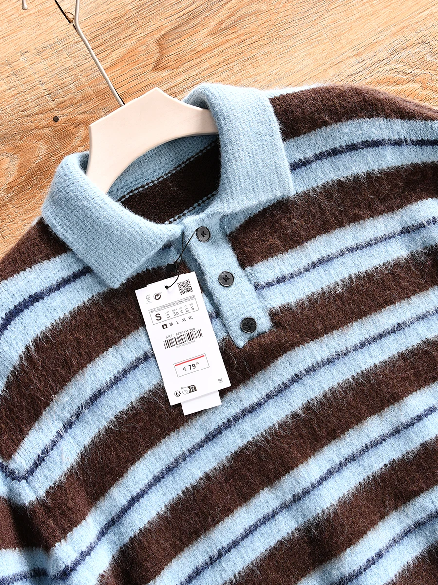 Loose Fit Knitted Stripe Sweater for Men Casual Youthful Style Winter Collection Turn-down Collar Lazy Chic Trend Autumn Winter