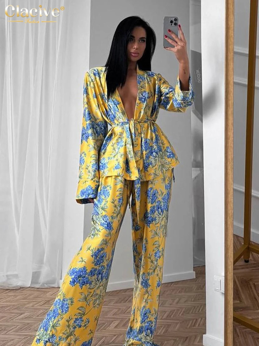 

Clacive Fashion Loose Print Trousers Sets For Women 2 Pieces Vintage Long Sleeve Lace-Up Robes With High Waist Wide Pants Set