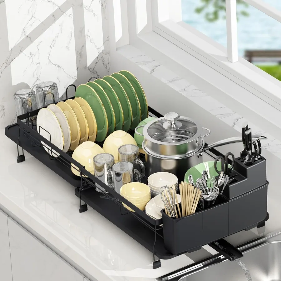 

Expandable Dish Drying RackMultifunctional Adjustable Dish Drainer with Swivel Spout and AntiRust Dish Rack with Removable Cutl