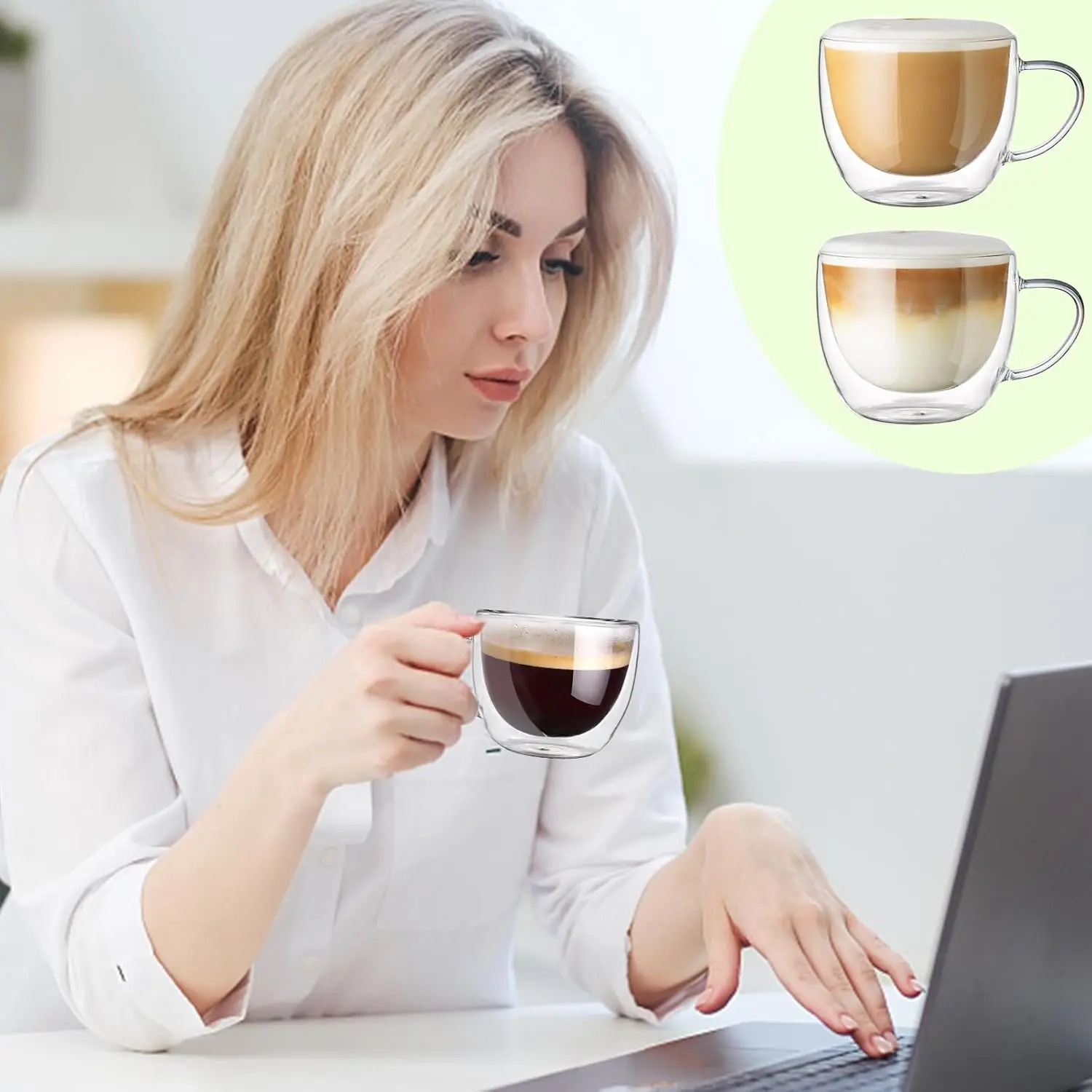 1-2 250ml Double-walled Glass Coffee Mugs Made of Insulated Borosilicate Glas with Handles Suitable for Cappuccino Latte and Tea