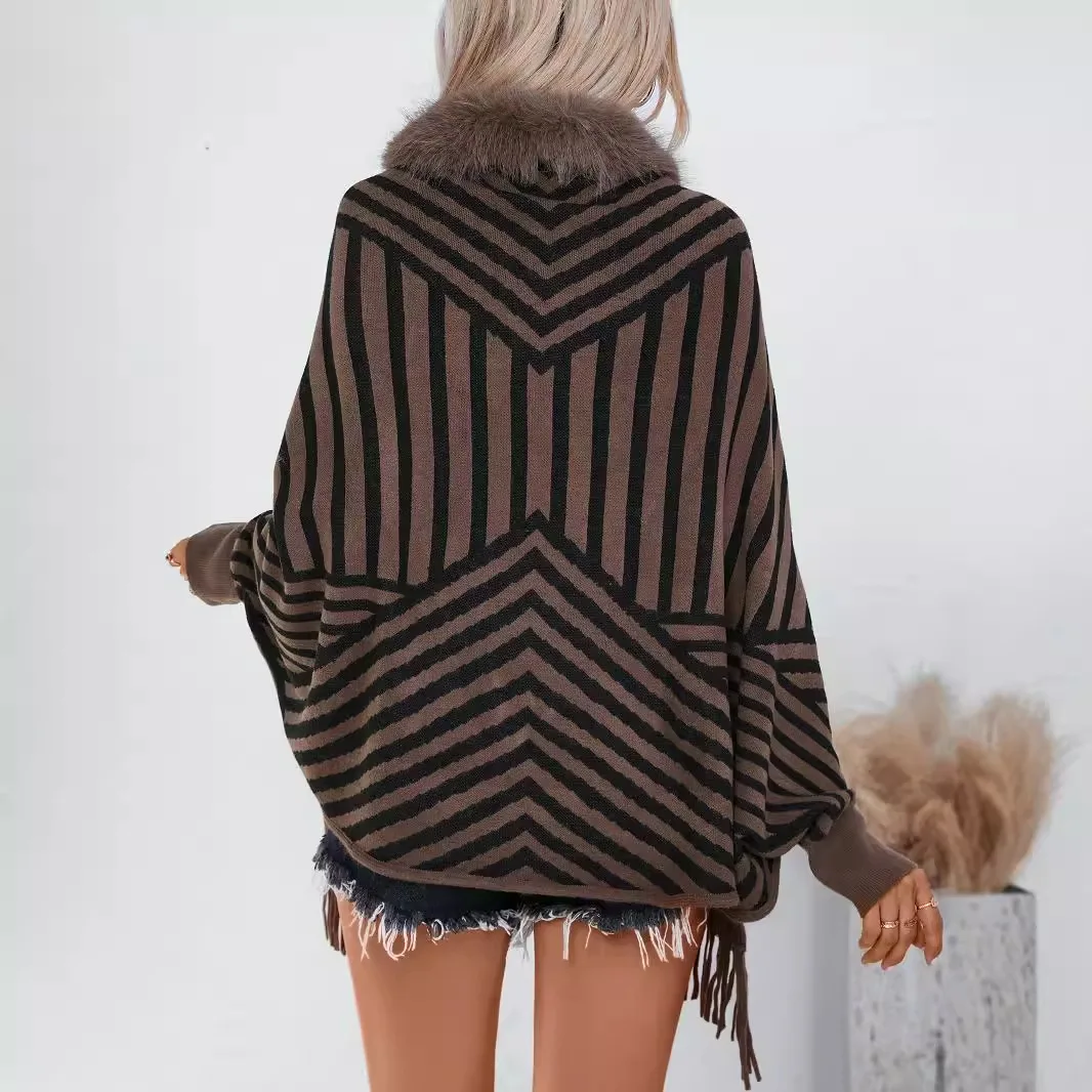 European and American Autumn and Winter New Fashion Striped Tassel Knitted Shawl Cape Versatile Cape with Scarf and Sweater