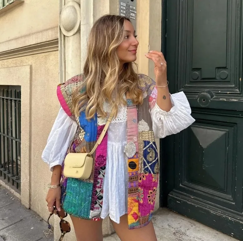Women's Sleeveless Printed Cotton Vest Colorful Patchwork Quilted Vest Bohemian Sleeveless Gilet With Mixed Prints Casual CKHB