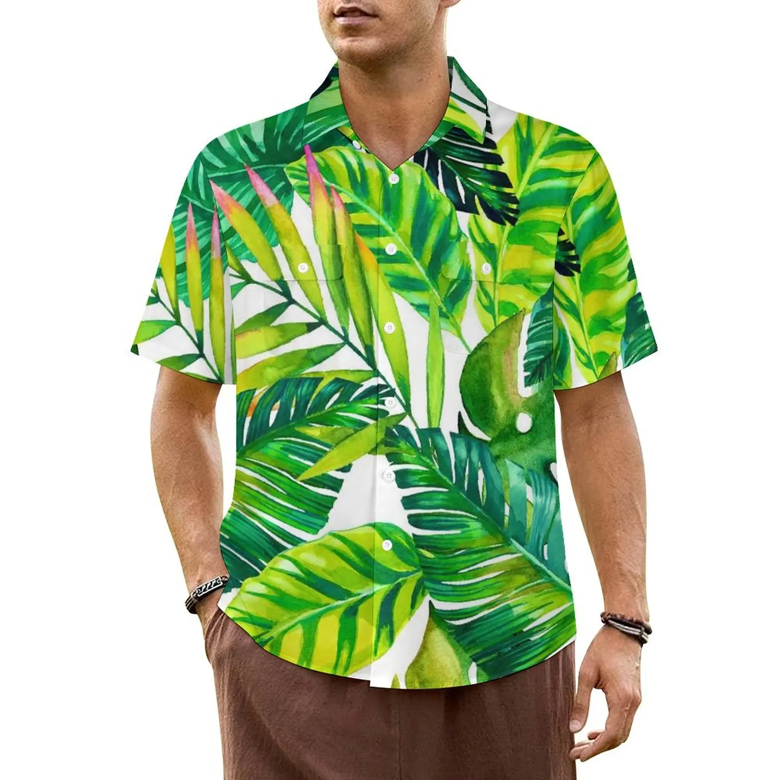 

Green Palm Leaves Beach Shirt Tropical Plants Print Hawaii Casual Shirts Mens Cool Blouses Short Sleeve Street Design Clothing