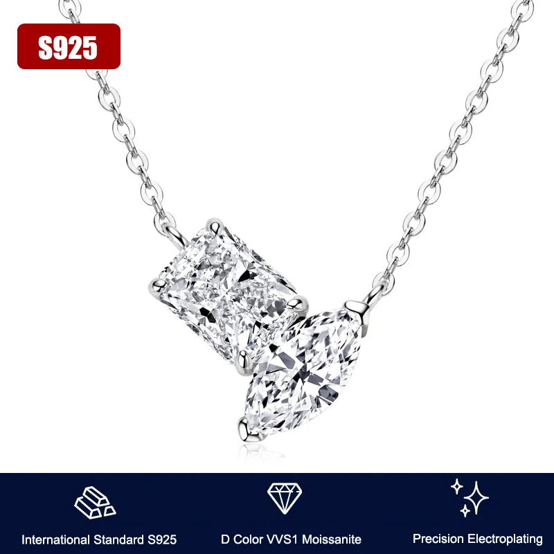 6x8mm Radiant Cut & 5x10mm Marqusie Cut All Moissanite Diamond Pendant 925 Silver Luxury 3.0carat Moissanite Pendant Necklace