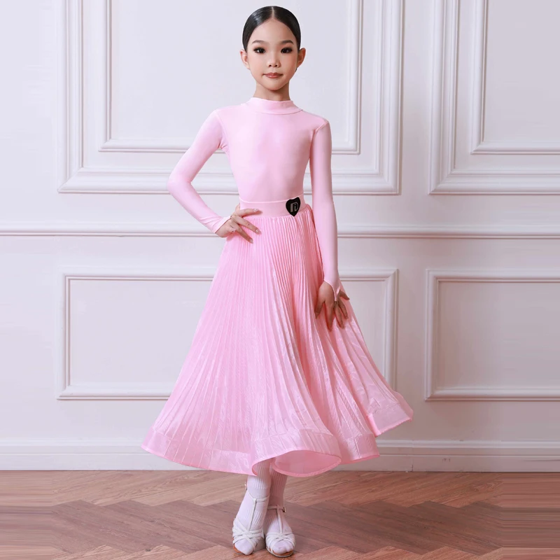 High-end dança de salão profissional vestido meninas rosa mangas compridas dança latina desempenho traje crianças palco wear sl14010