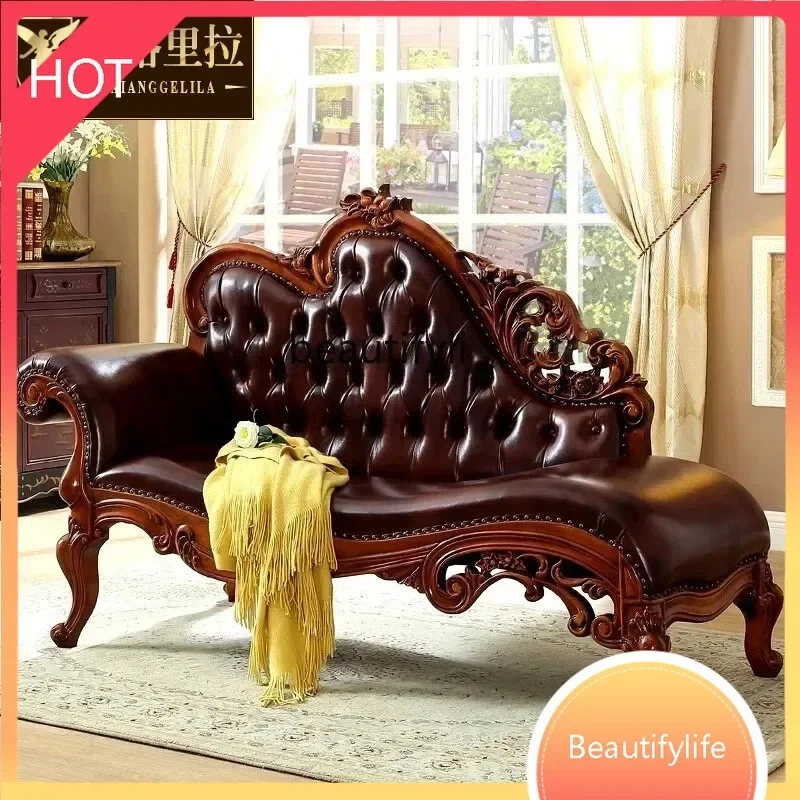 

A8076 European chaise longue wood carving flower leather living room luxury hotel chaise longue