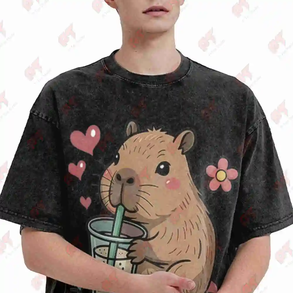 Cute Bear Drinking Water Thirsty Vintage Washed Tee Pure Cotton T-Shirt
