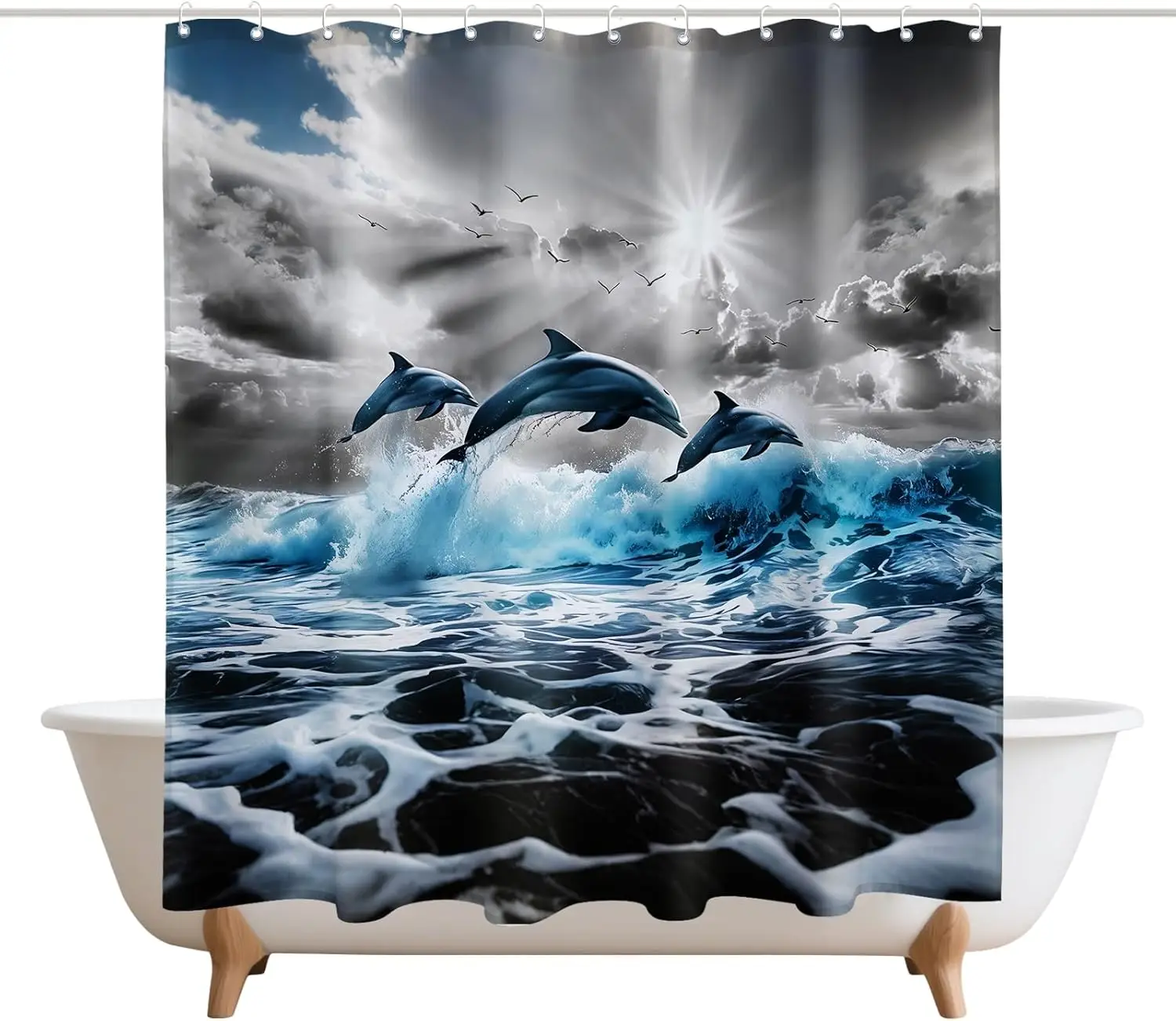 

Jumping Dolphins Shower Curtains Blue Waves of The Sea Barn Door Decor Polyester Fabric Waterproof Bathroom Curtains Set with