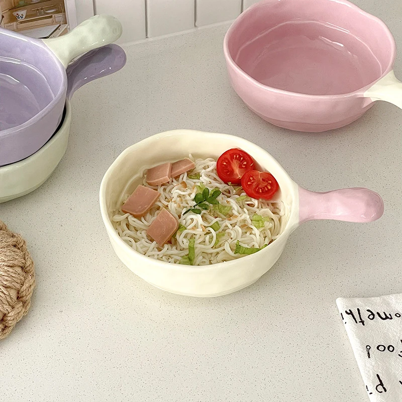 Simple Solid Ceramic Bowl With Handle Contrast Color Durable Home Kitchen Noodle Soup Dinnerware 500ML Fruit Yogurt Tablewares