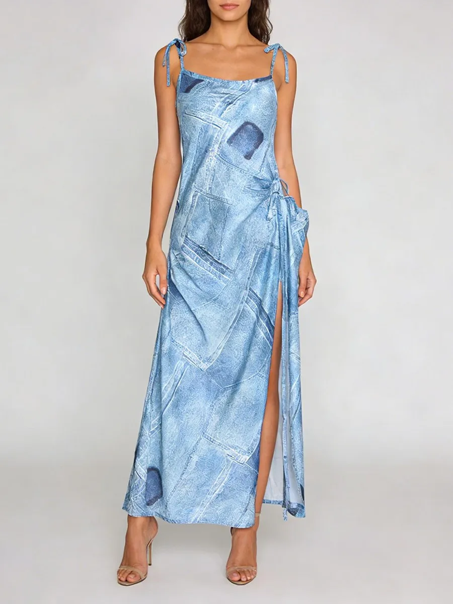 TWOTWINSTYLE Printing Spliced Lace Up Irregular Long Dresses for Women Square Neck Sleeveless Split Fashion Dress Female Clothes