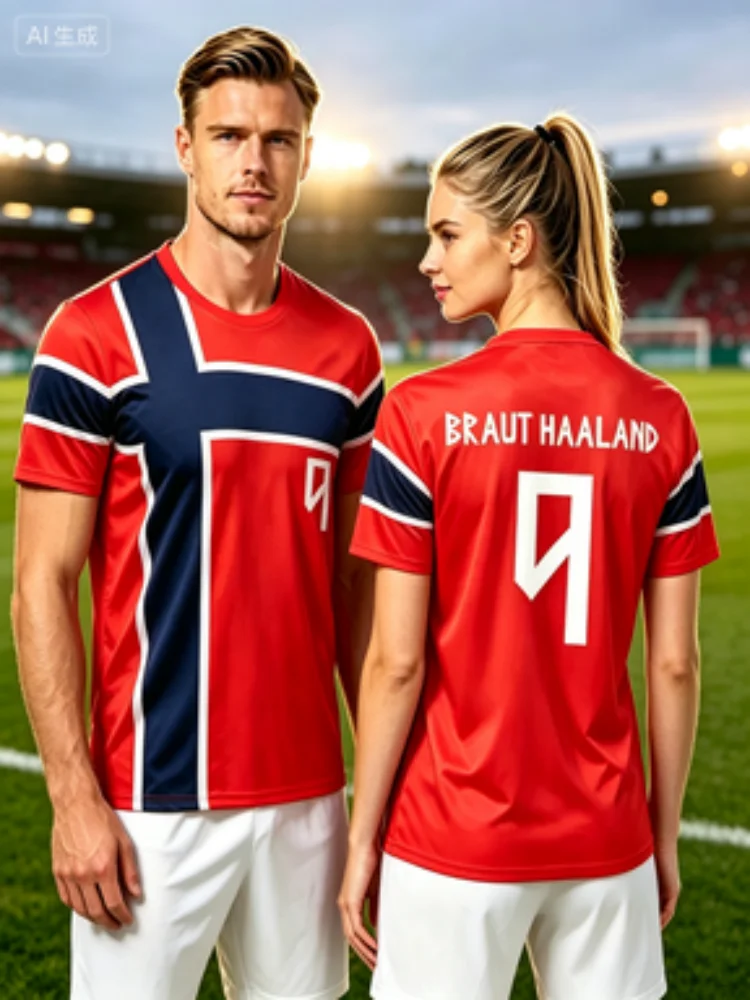 Men Women Norway Haaland No.9 Soccer Jersey Norway Cross Flag Print Quick Dry Short Sleeve Football Fan Training Sports T Shirt