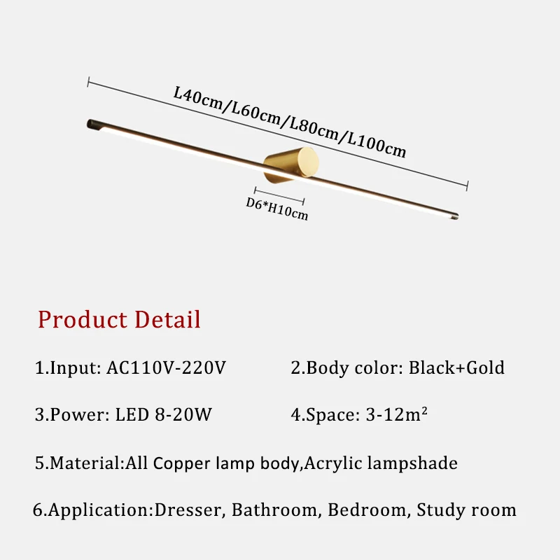 L80cm L100cm โคมไฟติดผนัง Lampu Cermin Led AC110V 220V Black Golden ห้องนอนกระจกไฟหน้าจักรยานไฟผนัง Sconces