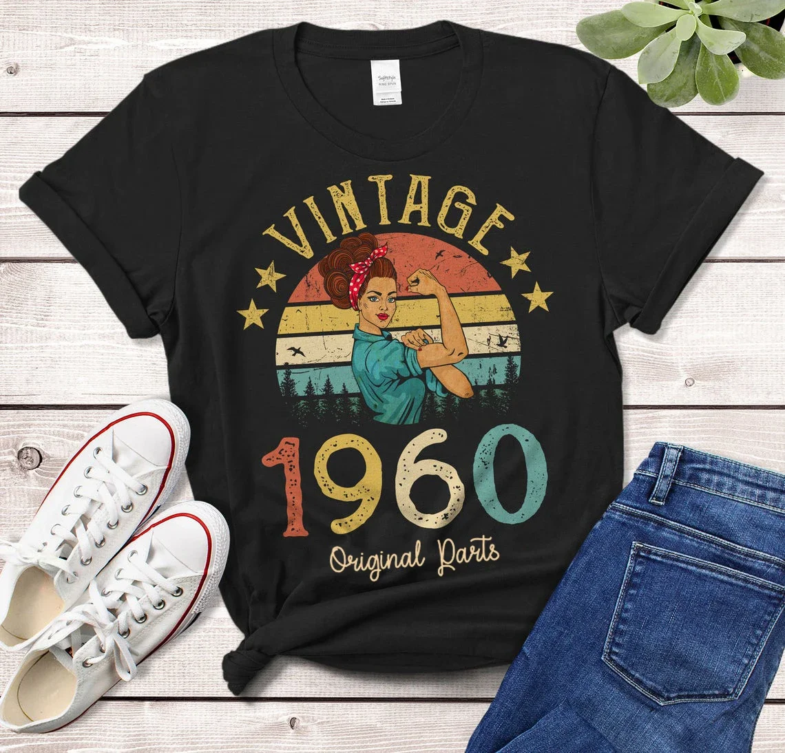 

Vintage 1960 Original Parts T-Shirt Rosie Women 64 Years Old 64th Birthday Party Gift Idea Mom Wife 60 Top Funny Tee Shirt