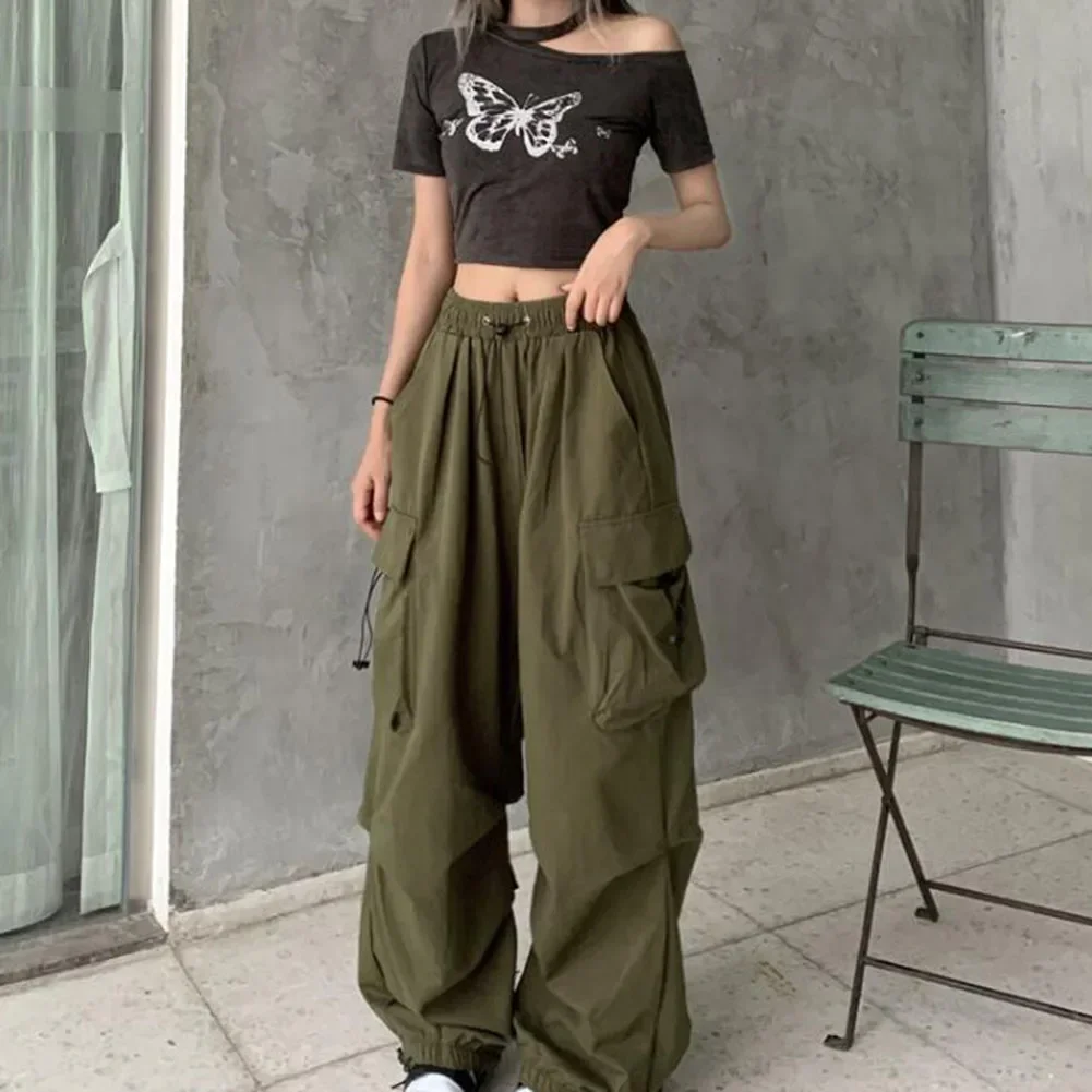 Fashion Y2k Women's Cargo Pants Streetwear Vintage Pockets Elastic Waist Baggy Drawstring Wide Leg Pants Trousers Clothing