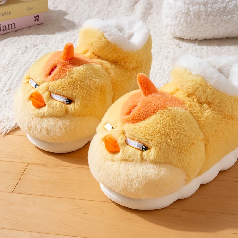 ZUOFU Cute Yellow Chicken Plush Slippers For Women Men Couples Winter Warm Thick Non-Slip EVA Sole Soft Fluffy Indoor Home Shoes